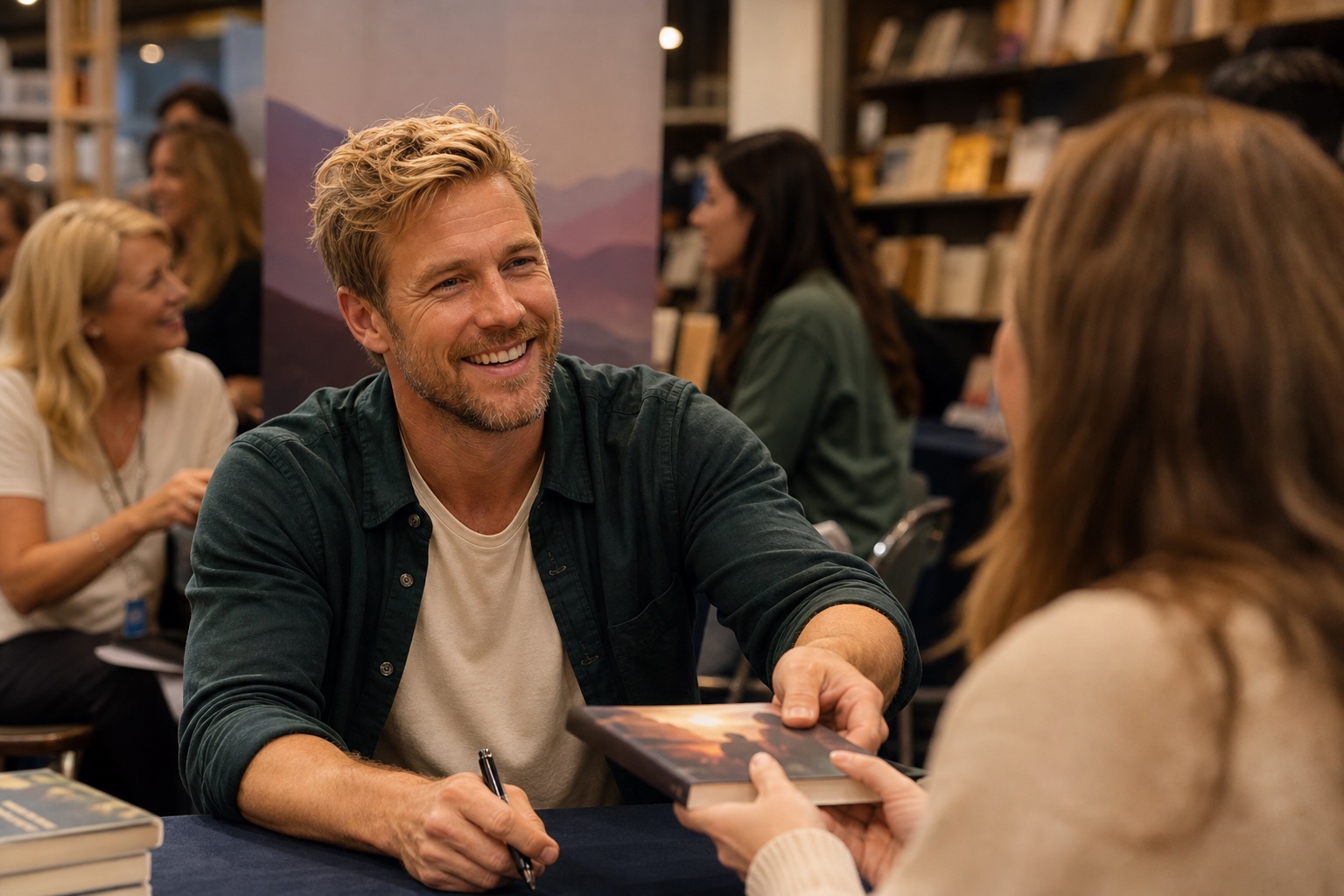 Nate Westfall laughing with a reader at a book convention