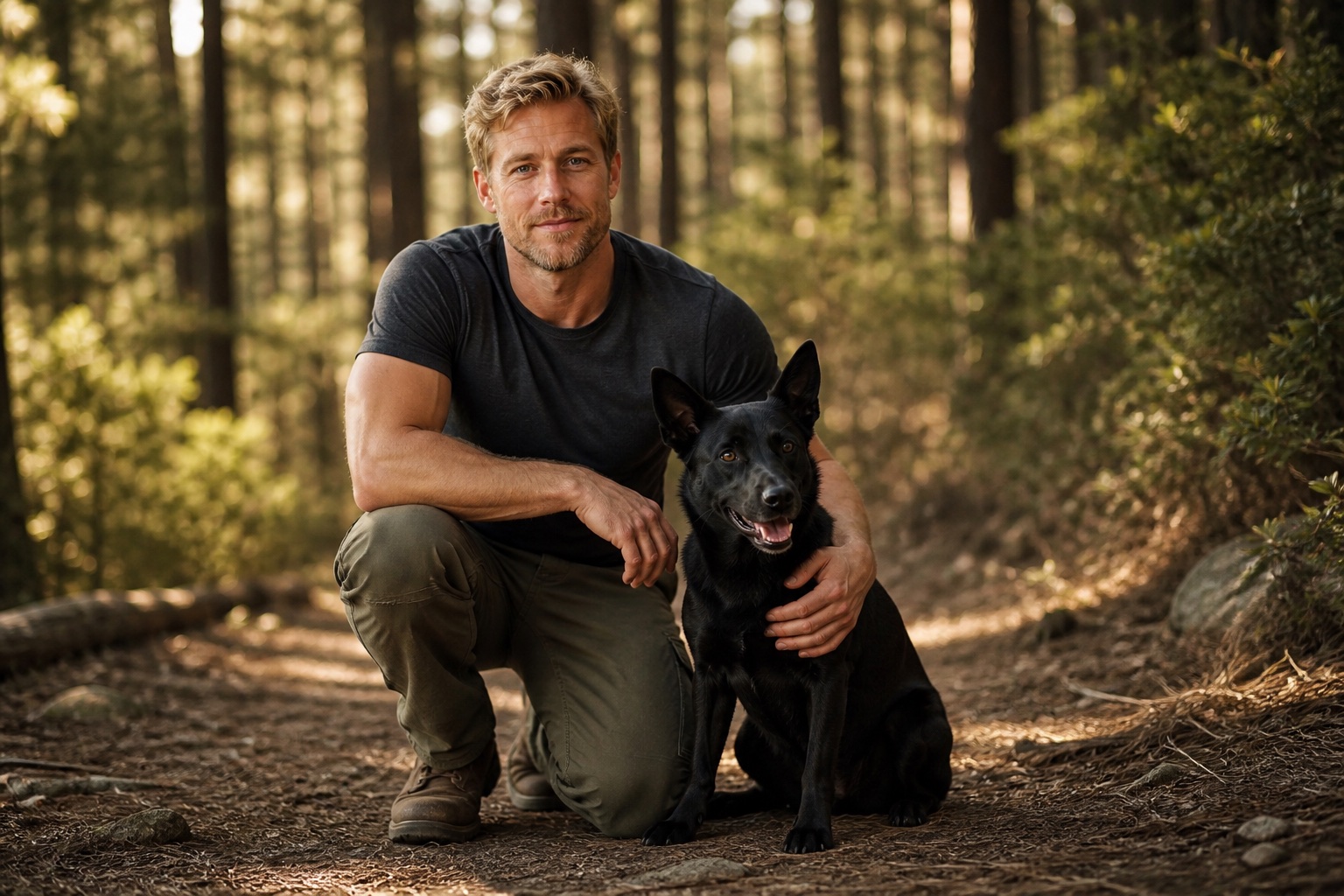 Nate Westfall with his black Australian Kelpie on a forest trail